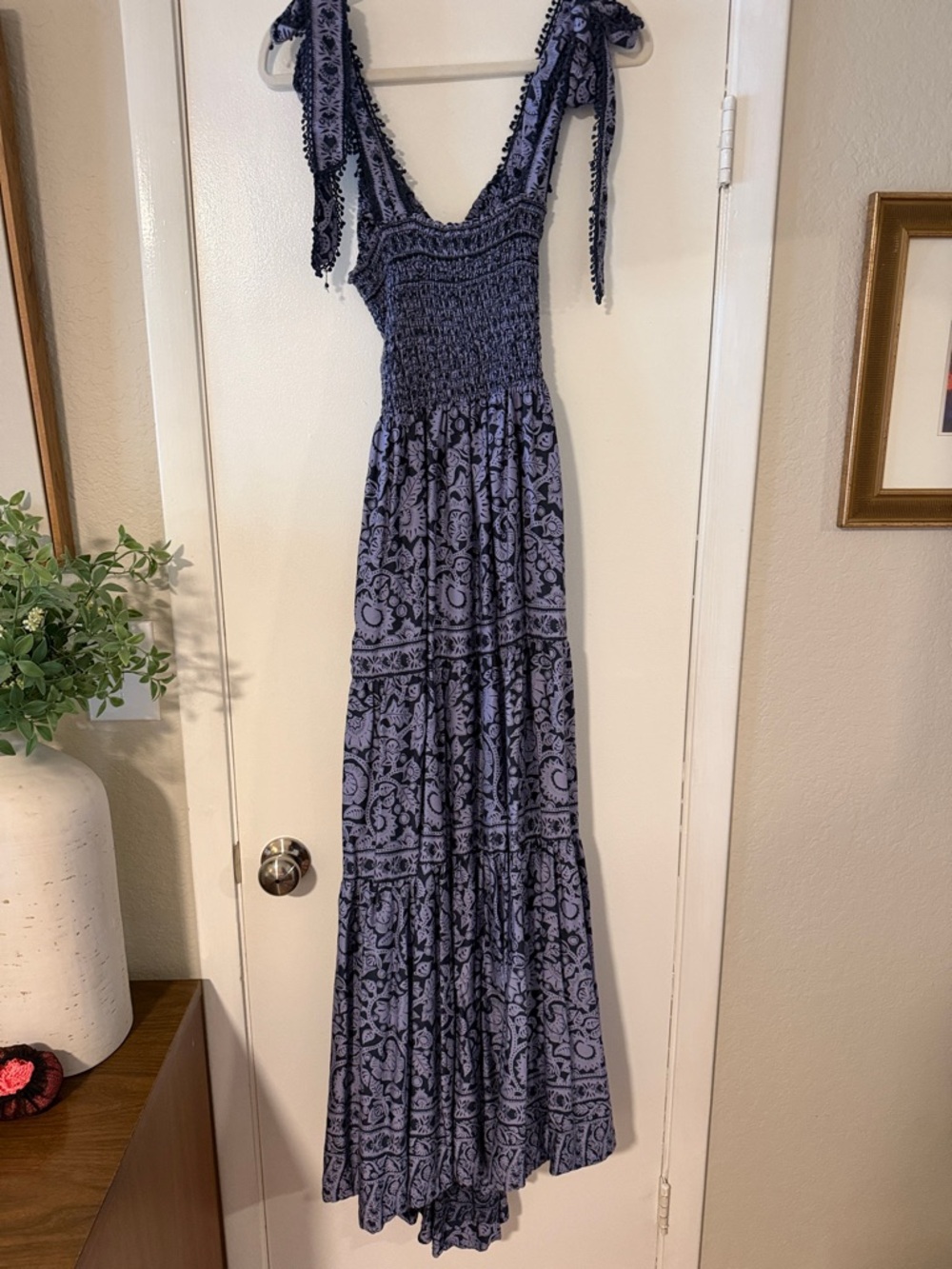Smocked Navy Patterned Maxi Dress with Tie Shoulders